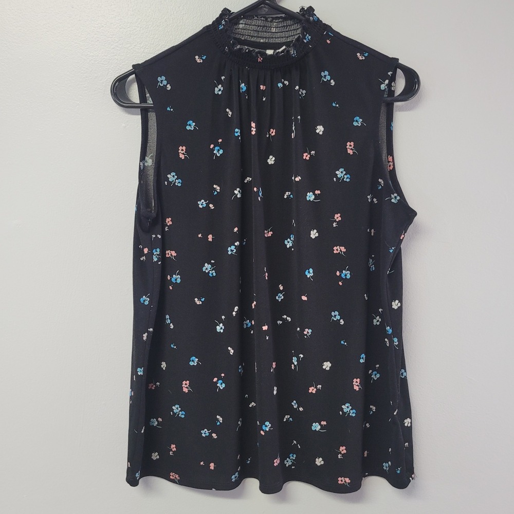 ELLE Womens Smocked‎ Mock Neck Sleeveless Floral Blouse Black Small DAISYDITSY
